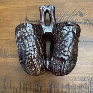 Vintage Double Vase Owl Planter Brown Ceramic Tree‎ Bark Design Decor